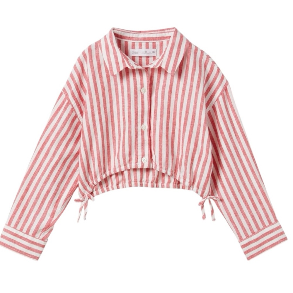 ZARA Girls Linen Blend Striped Crop Shirt | Size 13-14